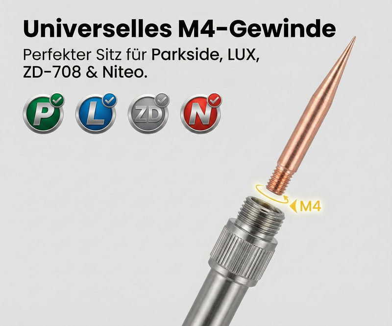 Soldering Tips Set 3 Pieces - Made of 99.99% Pure Copper - M4 Screw Pressed Thread - Durable & Heat Resistant - Compatible with Parkside, LUX, ZD, Niteo - Pointed, Beveled, Precise