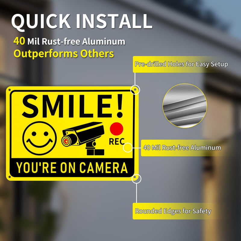 2 Pack Smile You're on Camera Signs – Video Surveillance Signs Outdoor, 10"x7" Rust-Free Aluminum Warning Sign, UV Printed Weatherproof Security Camera Sign for Home, Business, Fence, Driveway, CCTV 2-Pack