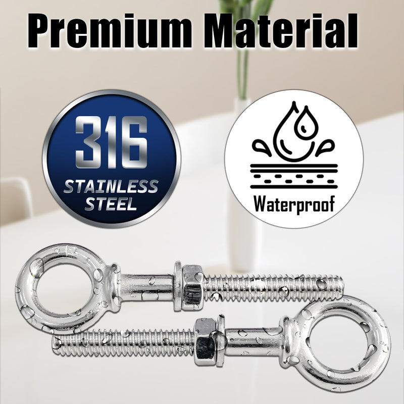[Australia - AusPower] - Sutekus 1/4" x 3" Eye Bolt T316 Stainless Steel Shoulder Lifting Ring Threaded Eyebolts with Nuts Washers and Drill Bit, 6pack, Silver 