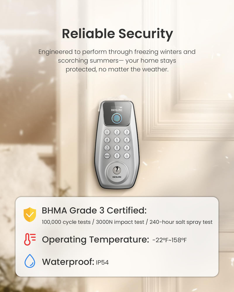 DESLOC C110 Smart Lock with LockVue Display, 3-in-1 Keyless Entry Door Lock with Fingerprint, Passcode & Key, BHMA Certified Deadbolt, Auto Lock, 12-Month Battery for Home, Apartment & Airbnb, Silver Deadbolts