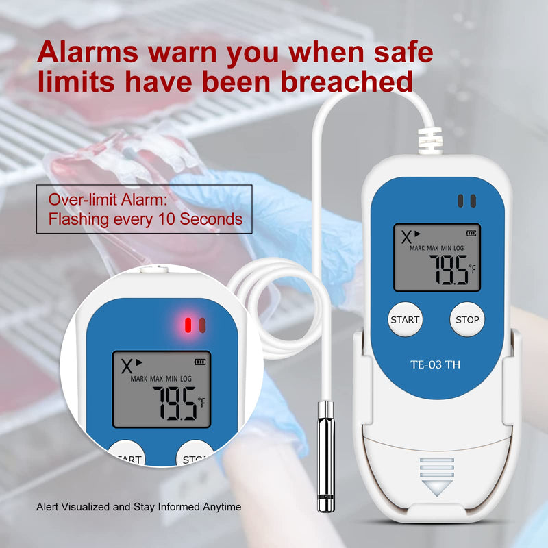 TE-03 TH Temperature Humidity Data Logger with High Precision Digital Probe, Accuracy up to ±0.3°C, Auto PDF&CSV Reports, LED Warning Light TE-03 TH 1