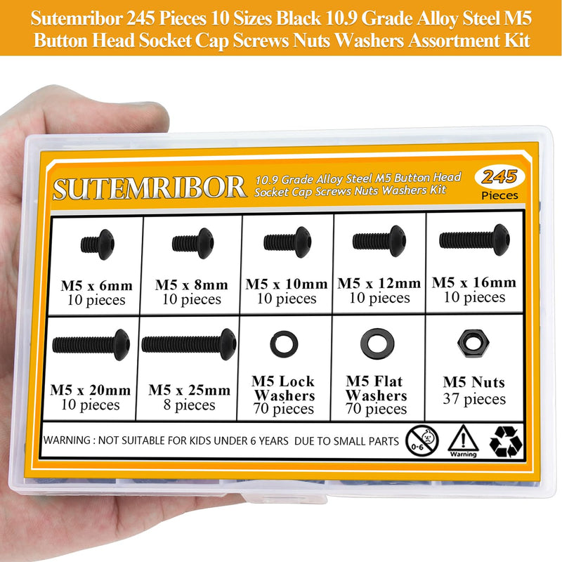 [Australia - AusPower] - 245 Pieces M5 Screws Nuts Washers Set Black, Sutemribor M5 x 6/8/10/12/16/20/25mm Button Head Socket Cap Screws Nuts Washers Assortment Kit, 10.9 Grade Alloy Steel, Fully Threaded 