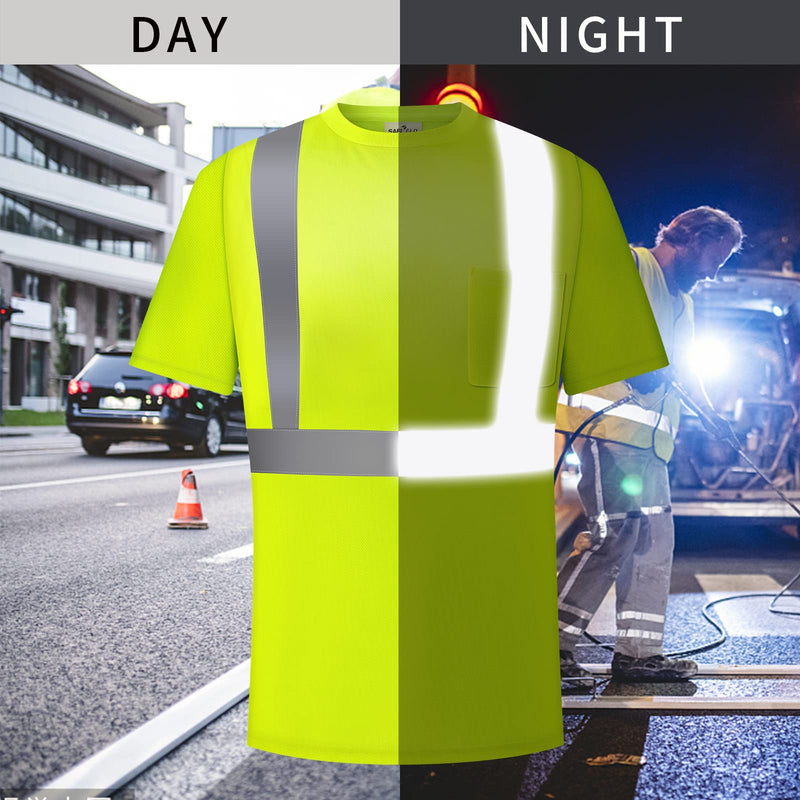 Hi Vis Safety Shirts for Men Reflective,High Visibility Work T-Shirt Short Long Sleeve with Pocket, 3 and 5 Pack Large Neon Yellow-5p