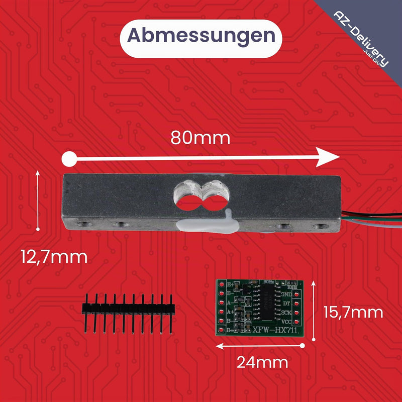 AZDelivery 1 x Load Cell 20kg with HX711 Module - Precision Weight Measurement Sensor Compatible with Arduino & Raspberry Pi - Set Includes Amplifier ADC for Force Measurement
