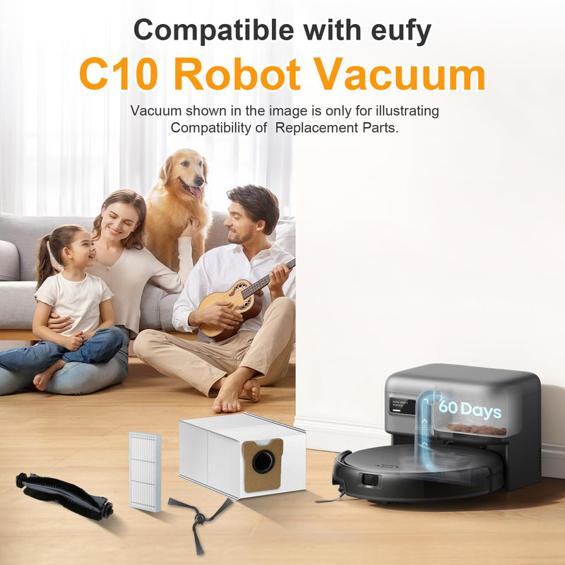 FFsign 28 Pack Replacement Parts Compatible with Eufy C10 Robot Vacuum, Self Emptying RoboVac Accessories Kit 2 Rolling Brushes, 8 Dust Bags, 8 Side Brushes, 8 Filter Sets