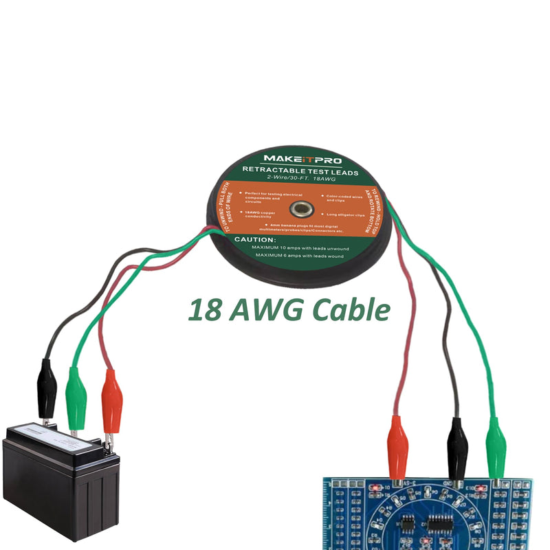 [Australia - AusPower] - Retractable Test Leads 3 Wires 20FT 18AWG Aligator Clips in Reel with Cable Bag for Circuit Connection/Electrical Testing and Troubleshooting 