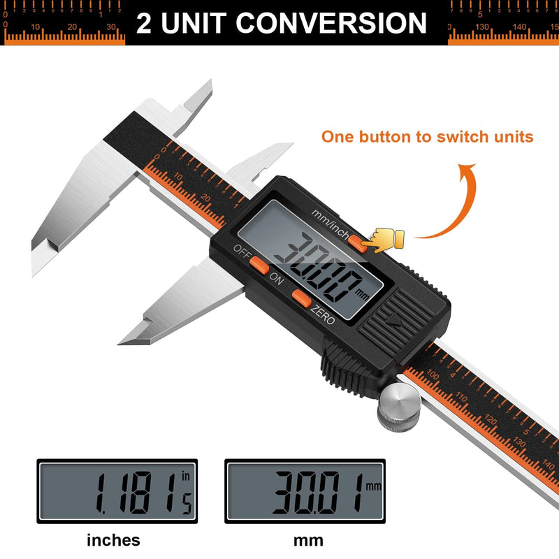 [Australia - AusPower] - HARDELL Digital Caliper 150 mm, Calliper Digital Stainless Steel with LCD Display, Digital Caliper with Inch and Millimetre Conversion, Household & Industrial Measuring Tool with 2 Replacement A-150MM 