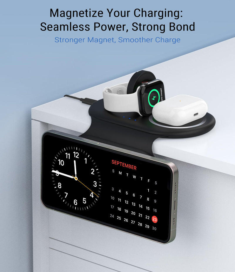 [Australia - AusPower] - 3 in 1 Wireless Charging Station, Magnetic Wireless Charger, Foldable Charger 3 in 1, Travel Charger for iPhone 15/14/13/12 Series, AirPods Pro/3/2, iWatch 2-9/Ultra (Adapter Included) Black 