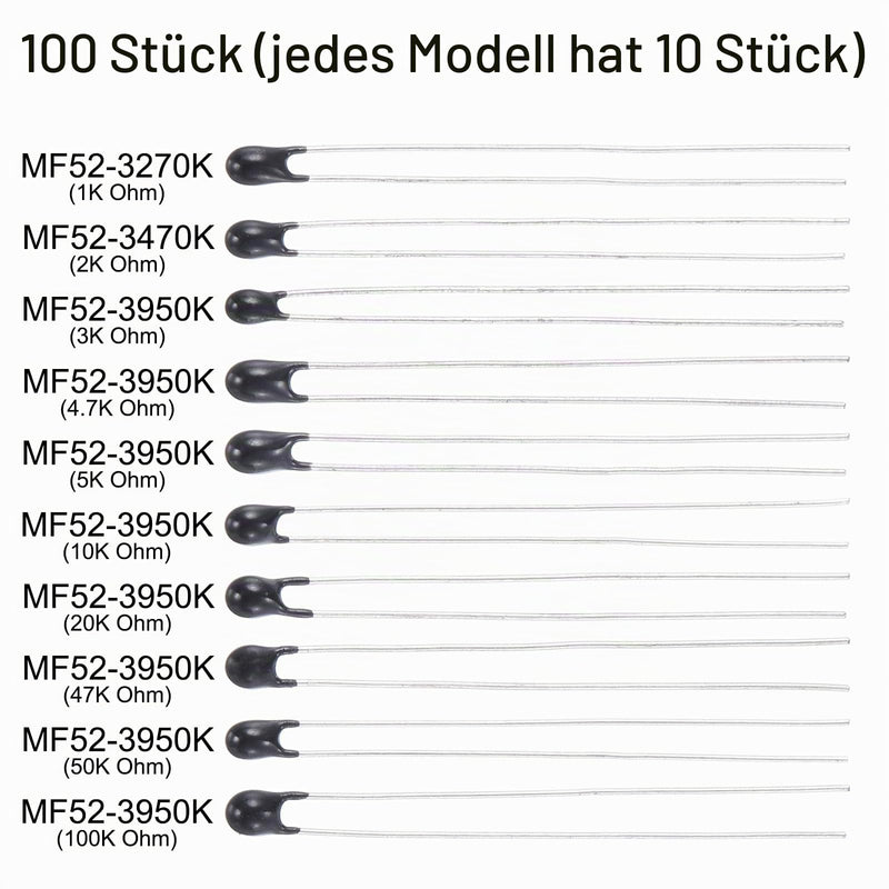 QUARKZMAN NTC Thermistors 1K/2K/3K/4.7K/5K/10K/20K/47K/50K/100KOhm Pack of 100 | Resistors High Sensitivity Current Limiter Temperature Sensor for Measurement
