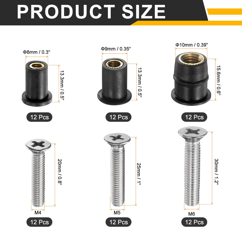 [Australia - AusPower] - uxcell 36 Pairs M4 M5 M6 Neoprene Well Nuts with Stainless Steel Screw, Rubber Well Nuts Kit Brass Copper Bolt, Universal Motorcycle Fasteners for Kayak Boat Windscreen 