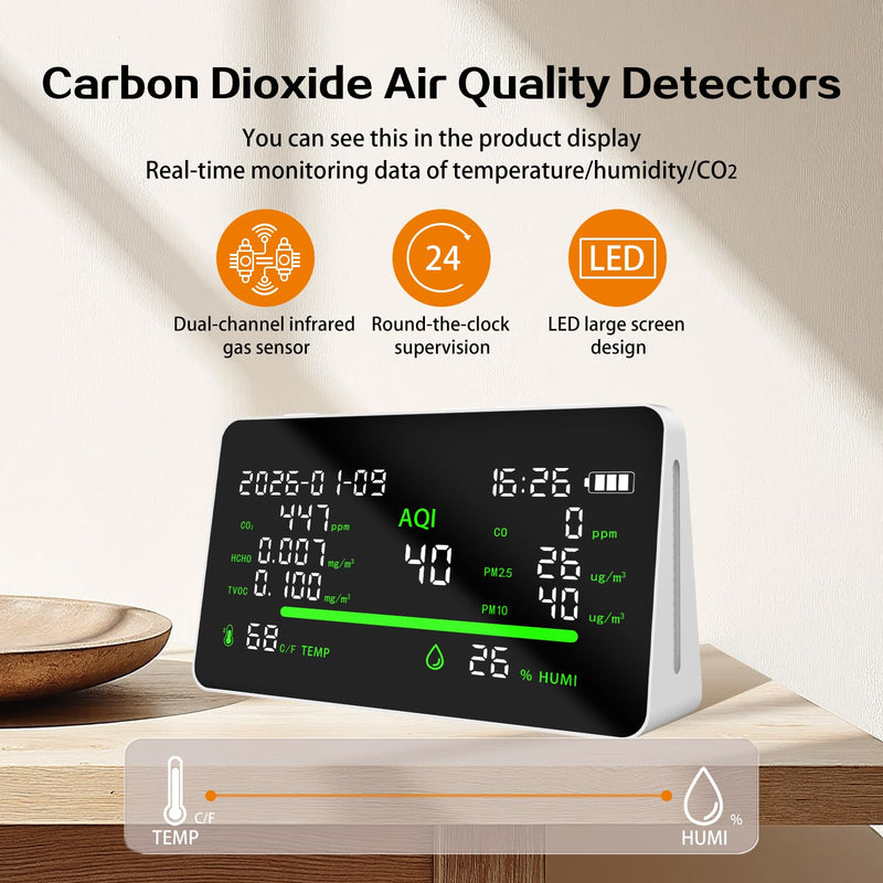 [Australia - AusPower] - 11-in-1 Air Quality Monitor, Indoor CO2VOC/AQI/PM2.5/Thermometer/Humidity Monitor, Portable Smart Air Quality Meters, Air Quality Tester for Home Office Outdoor, Battery Powered 