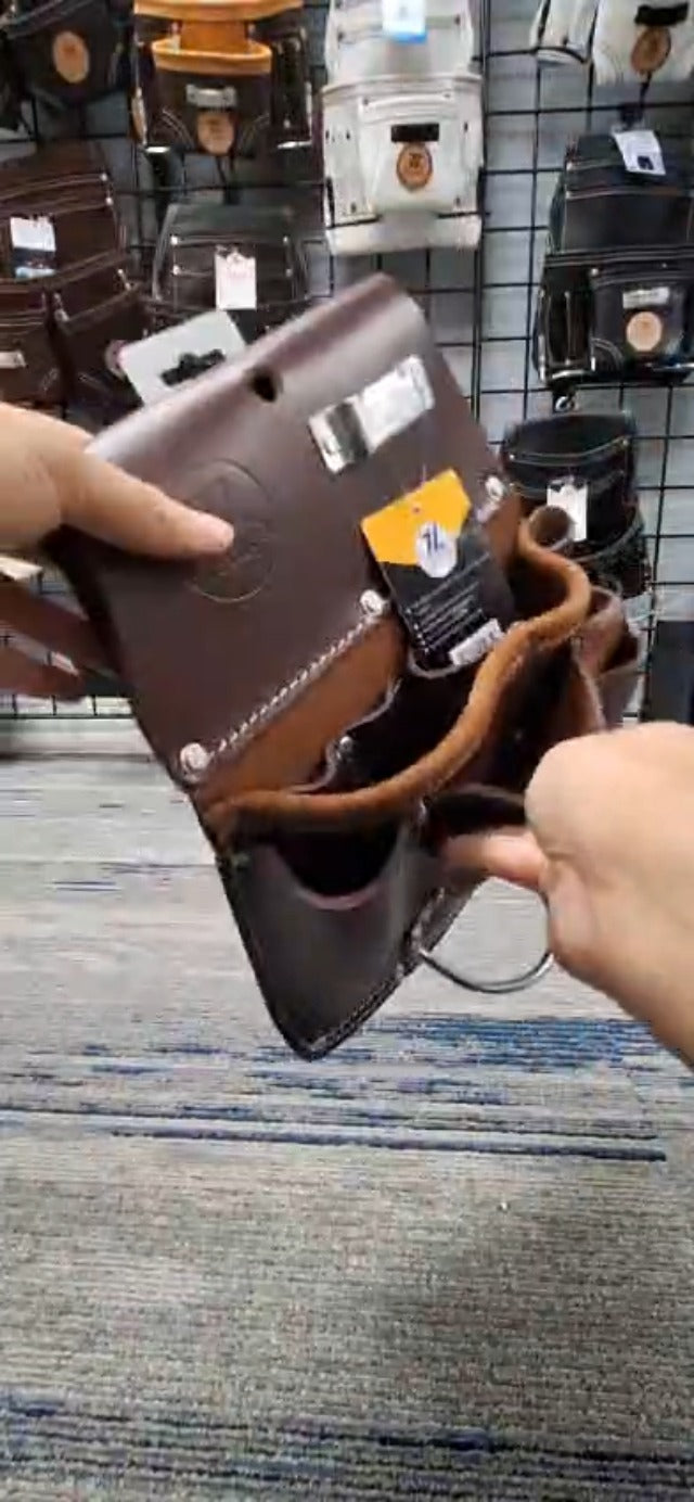 Zeluga 11-pocket Pro leather drywall pouch in cherry, left-hand tool pouch belt view