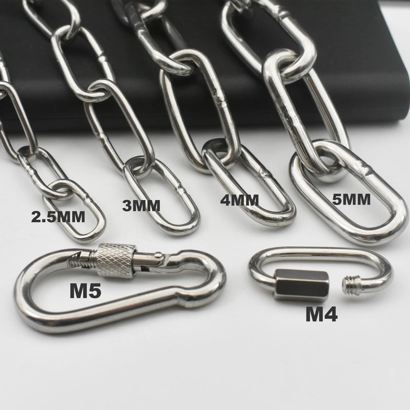 [Australia - AusPower] - 304 Stainless Steel Chain 1/5" x 59" Safety Chain Links Connector Heavy Duty with 2 Quick Locking Carabiner Clip Hooks for Outdoor Fence Pet Dog Pulling Towing Logging, 1 pcs (5mm x150cm) 1/5 in x 59 in 