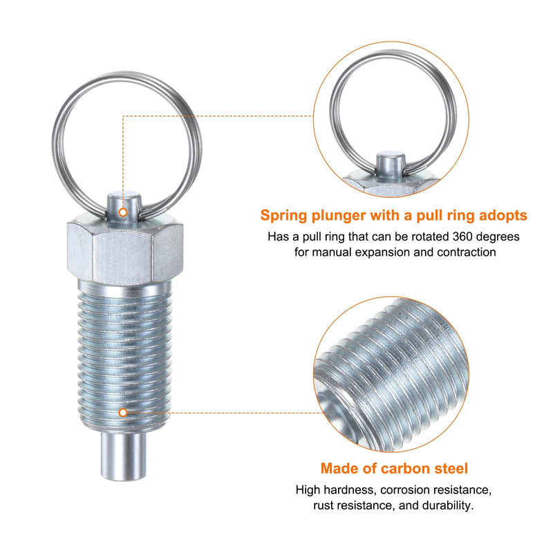 [Australia - AusPower] - 2Pcs Spring Plunger with Pull Ring M16x1.5 Thread Length Pin Dia.8mm Flat Head Carbon Steel Non-Locking Retractable Index Plunger for Industrial Equipment 
