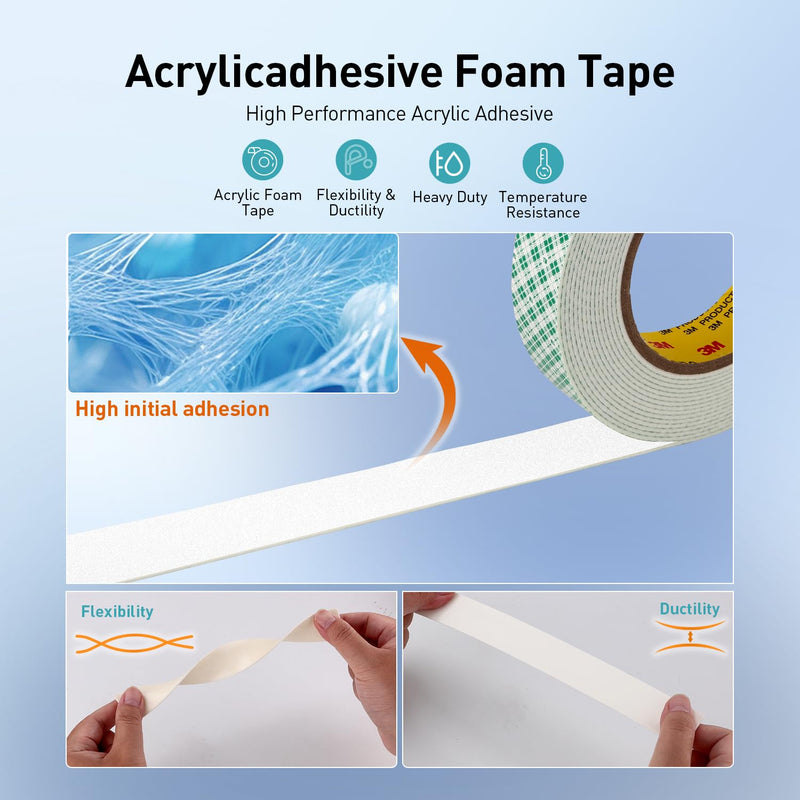 Double Sided Tape Off White Foam Tape 1" x 18Ft Made of 3M 4032 High Shear Adhesive Mounting Tape High Temperature Resistance for Interior Exterior Applications and Home Office Deco (Pack of 2)