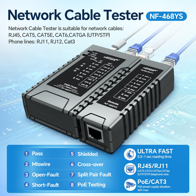 [Australia - AusPower] - NOYAFA NF-468YS Network Cable Tester, Ethernet Cable Tester for RJ11, RJ12, RJ45, CAT5,CAT6, CAT7, Continuity Tester,PoE Testing, UTP/STP Cable Checker, 60VAnti-Burn LAN Network Tools 
