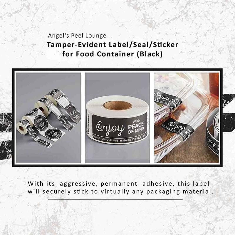 Angel's Peel Lounge Tamper Proof Stickers Roll — Tamper Evident Stickers for Food Safety, Delivery Bags, Drink Lids, Containers, Self Adhesive Seal Tape, Writable Surface - 1x3in 250-COUNTS, Black