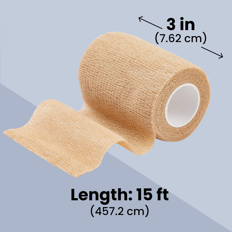 Juvale Self-Adherent Cohesive Wrap - Breathable Support Athletic Tape - Snug Fit for Tattoo Equipment - Swelling & Strain Aid Sports Tape - 3 in x 5 yd, Pack of 12, Tan 3" x 5 Yards