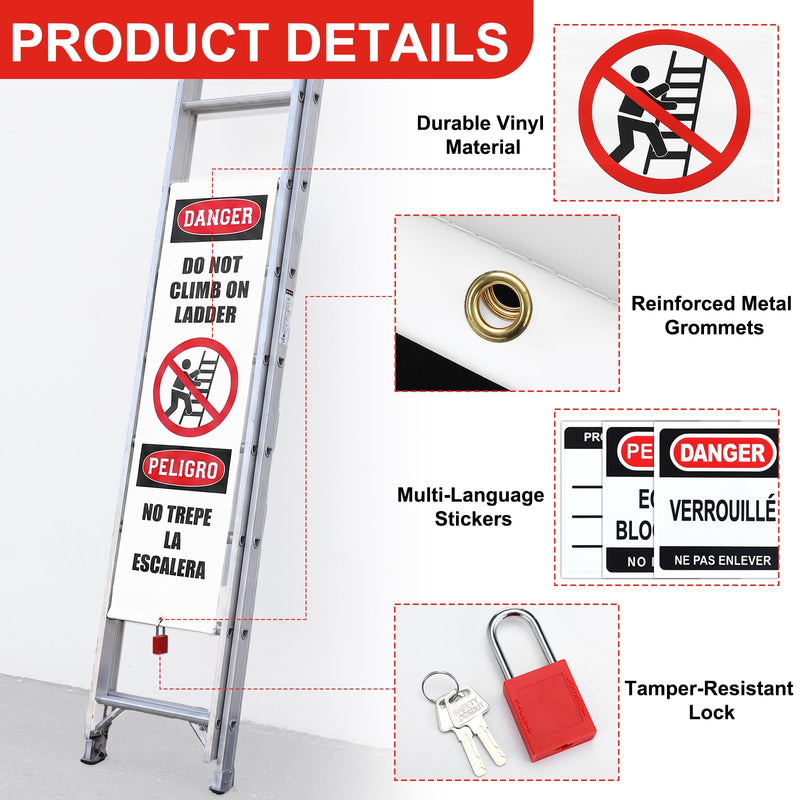 Spanish Bilingual Danger Do Not Climb On Ladder Cover Wrap - 87" Length x 13" Width Vinyl Safety Shield with Lock for Industrial Warehouses, Construction Sites