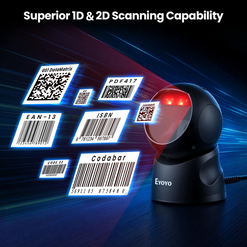 Eyoyo 2D USB Barcode Scanner, Hands-Free Desktop Automatic Omnidirectional QR Code Scanner, Wired Bar Code Reader with 1D 2D Mode Switch Button for Retail, Supermarket, Warehouse, Library, POS Systems Black