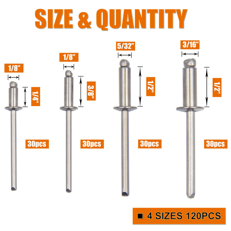 [Australia - AusPower] - ISPINNER 120pcs 304 Stainless Steel Blind Rivets, Pop Rivets Assortment Kit 