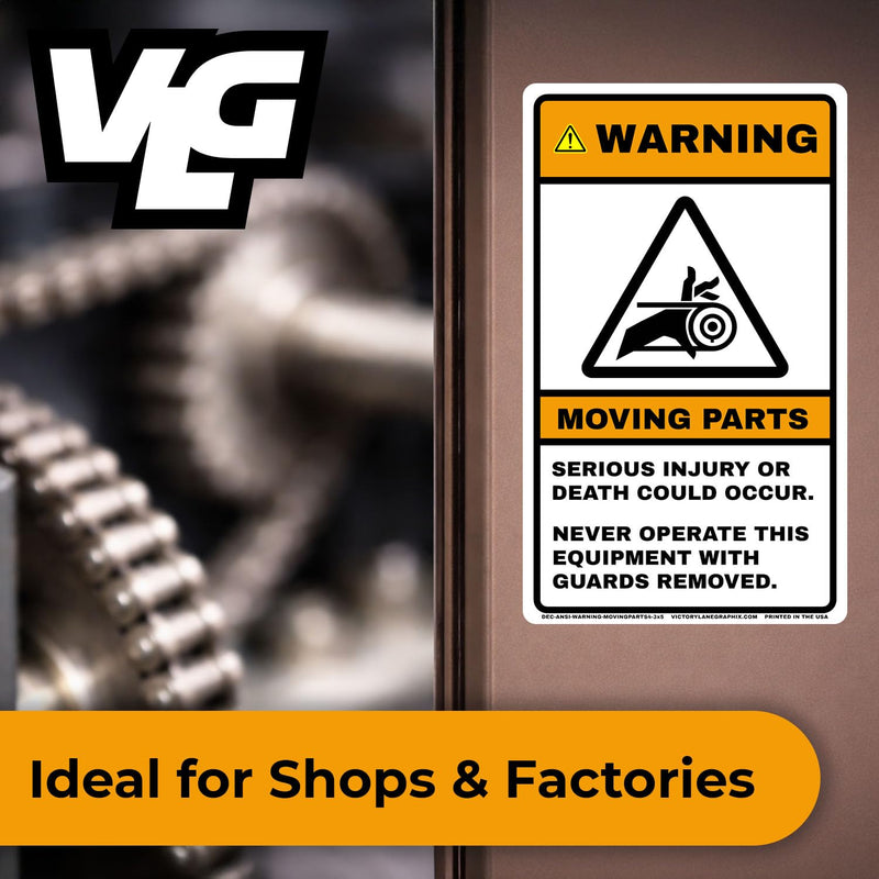 WARNING Moving Parts Label #4 – 3" x 5" Vertical ANSI Z535 Safety Sticker, Ultra Tack Laminated Vinyl for Industrial Machinery & Equipment – 10 Pack
