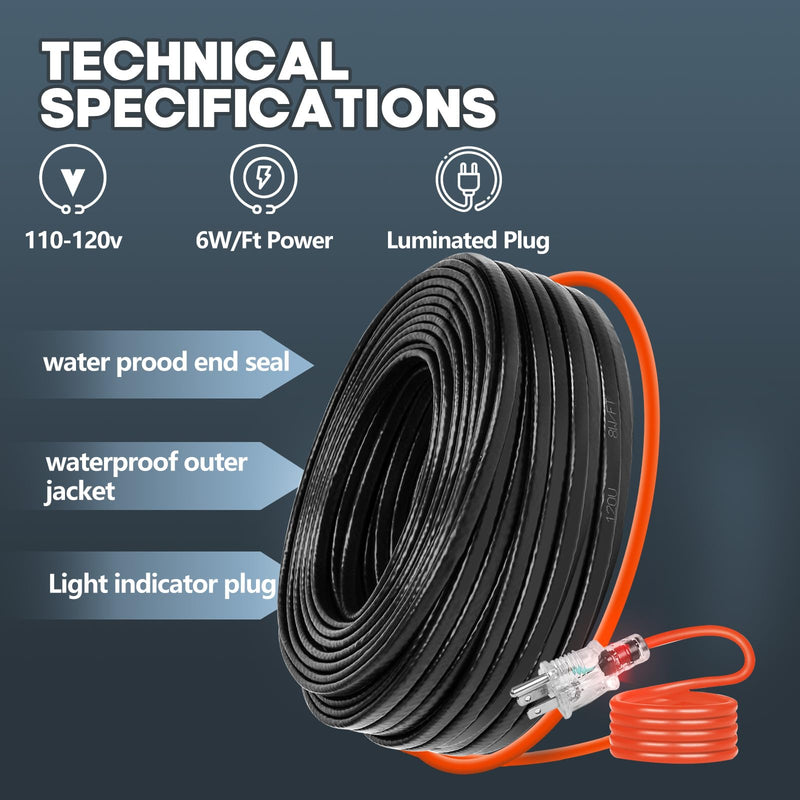 29.5FT(3FT~200FT) Heat Tape for Water Pipes, -40°F Deicing Heating Cable, Freeze Protected Water Pipe Heating Cable, Heated Water Hose, Plumbing Fixtures, 120V 5W/ft Plumbing Fixtures 29.5FT Black