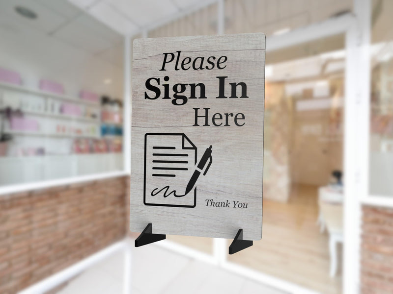 Please Sign In Here Sign/Notice - Freestanding with 2 Black Plastic Feet or Adhesive (Black Feet) Wood Stand