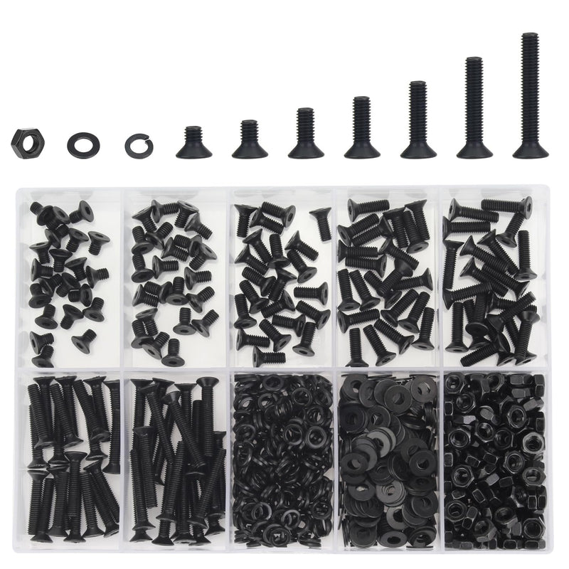 [Australia - AusPower] - 566 Pieces M3 Black Screws, 10.9 Grade Alloy Steel M3x 5/6 /8/10 /12/16 /20mm Countersunk Head Socket Cap Screws Bolts Nuts Washers Assortment Kit 