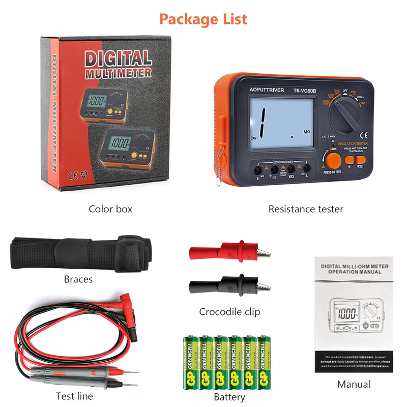 [Australia - AusPower] - Digital Insulation Resistance Tester, 1999 Counts Megohmmeter Large LCD Display Megohmmeter DC250/500/1000V AC750V, 200MΩ~2000MΩ with Backlight for Data Storage for Motor Cable 