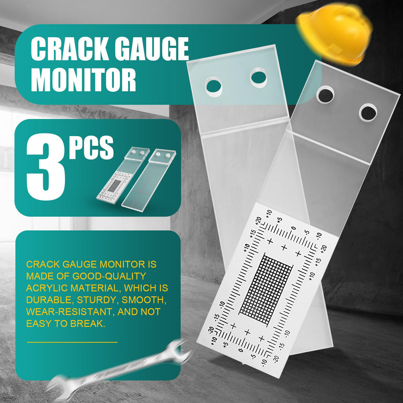 Crack Monitor, Wall Tear Meter, Set of 3, Gap Size, Crack Ruler, Crack Width Meter, Clear Wall Tear Meter, Acrylic Crack Monitoring Protocol for Measuring and Recording