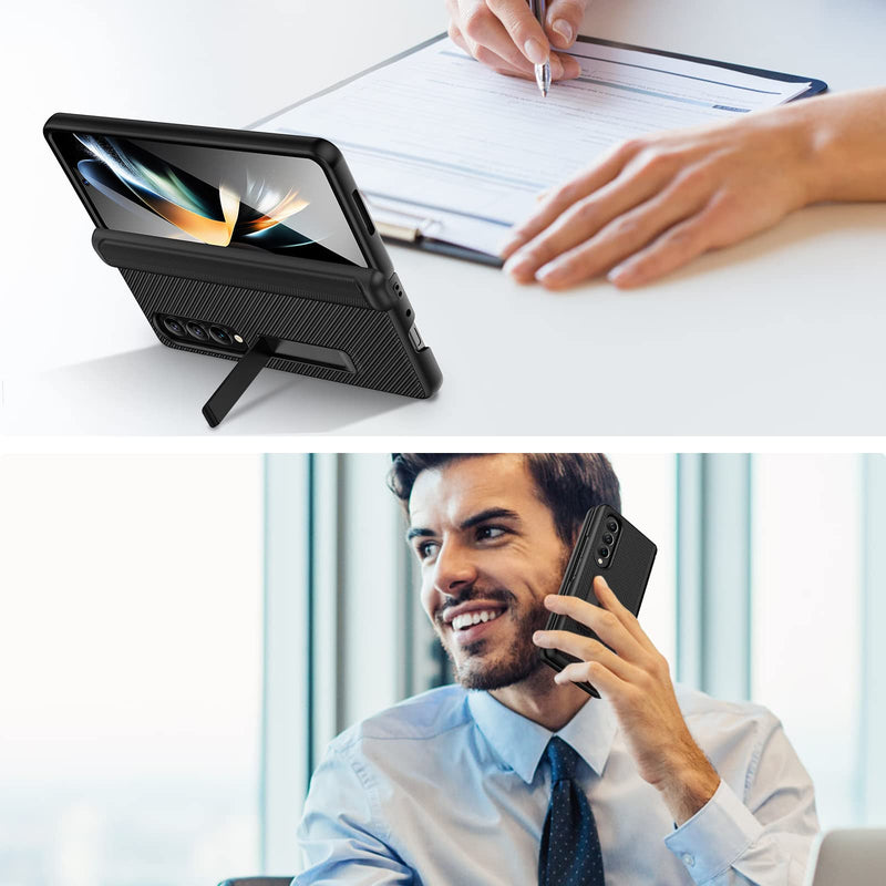 [Australia - AusPower] - Ruky Kickstand Case for Galaxy Z Fold 4, Hinge Protection, Full Body & Built-in Screen Protector, PU Leather Stand Case for Samsung Galaxy Z Fold 4 5G, Carbon Fiber 