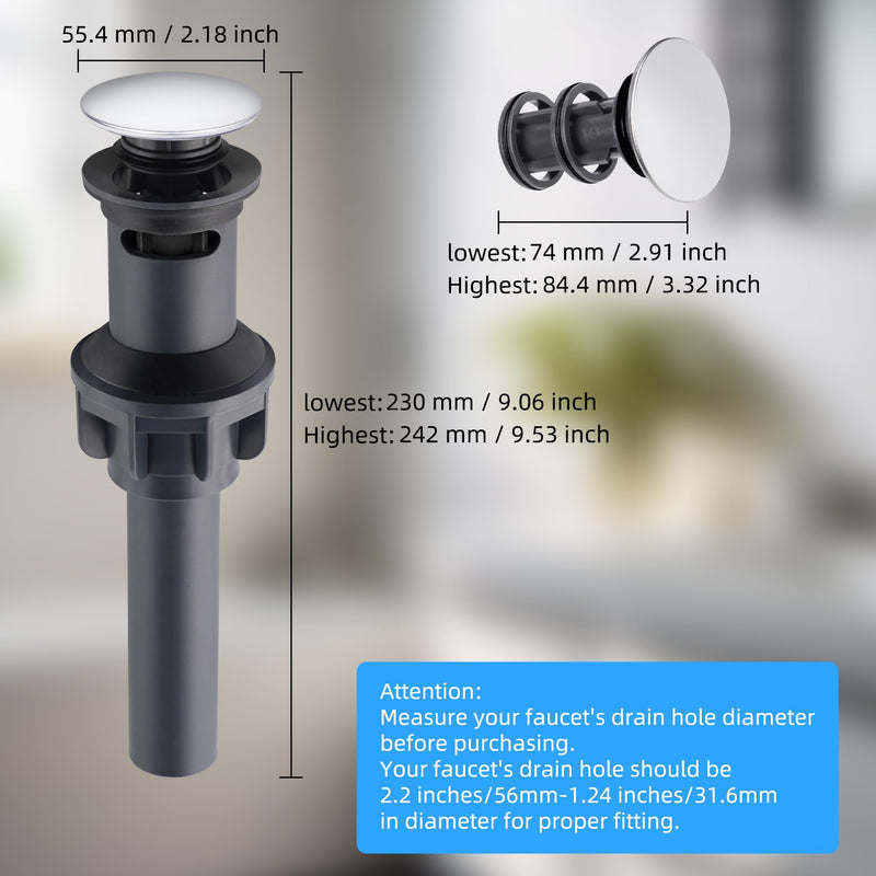 Hibbent 2 Pack Universal Bathroom Sink Drain Stopper, Pop Up Drain Strainer with Overflow, Push and Seal Sink Plug with Basket for Lavatory Vanity Vessel, Anti-Clogging Strainer, Chrome High-quality Plastic Chrome Finish