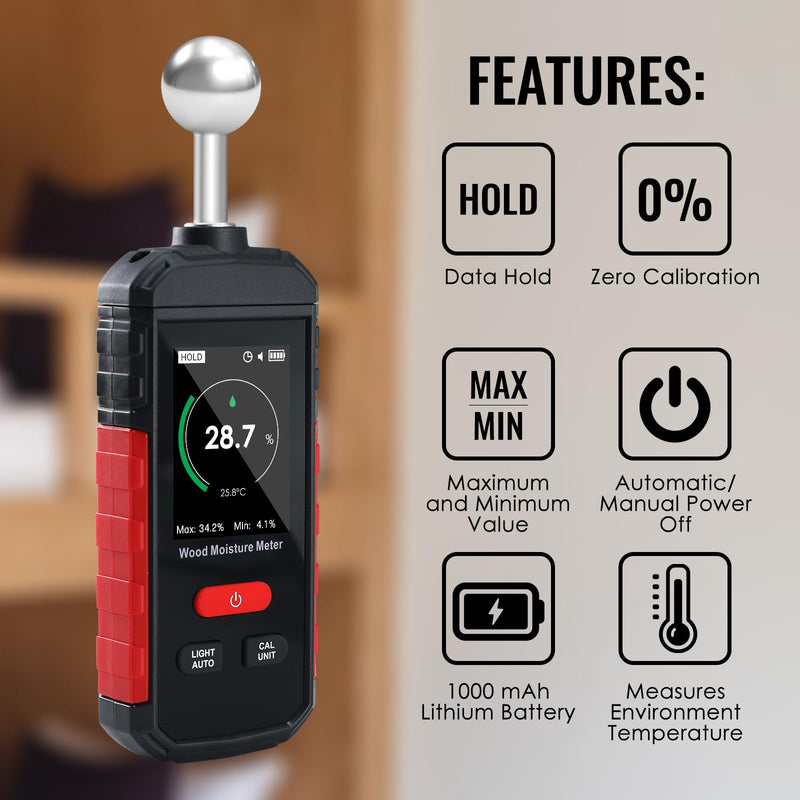[Australia - AusPower] - Rechargeable Wood Moisture Tester for Wood Tester Reader for Furniture Firewood Moisture Tester, Drywall Moisture Detector Moisture Content Meter Lumber Logs Floors Carpet Ceiling Building Material 