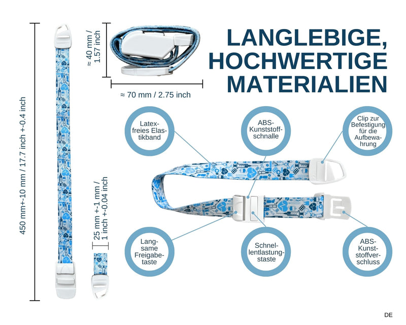 Professional quick and slow release medical nurse tourniquets, variety of patterns. Light blue with medical pattern