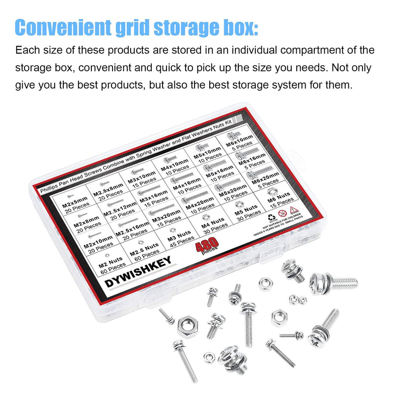 [Australia - AusPower] - DYWISHKEY 480 PCS M2 M2.5 M3 M4 M5 M6, 304 Stainless Steel Phillips Pan Head Screws Combine with Spring Washer and Flat Washers Nuts Assortment Kit 