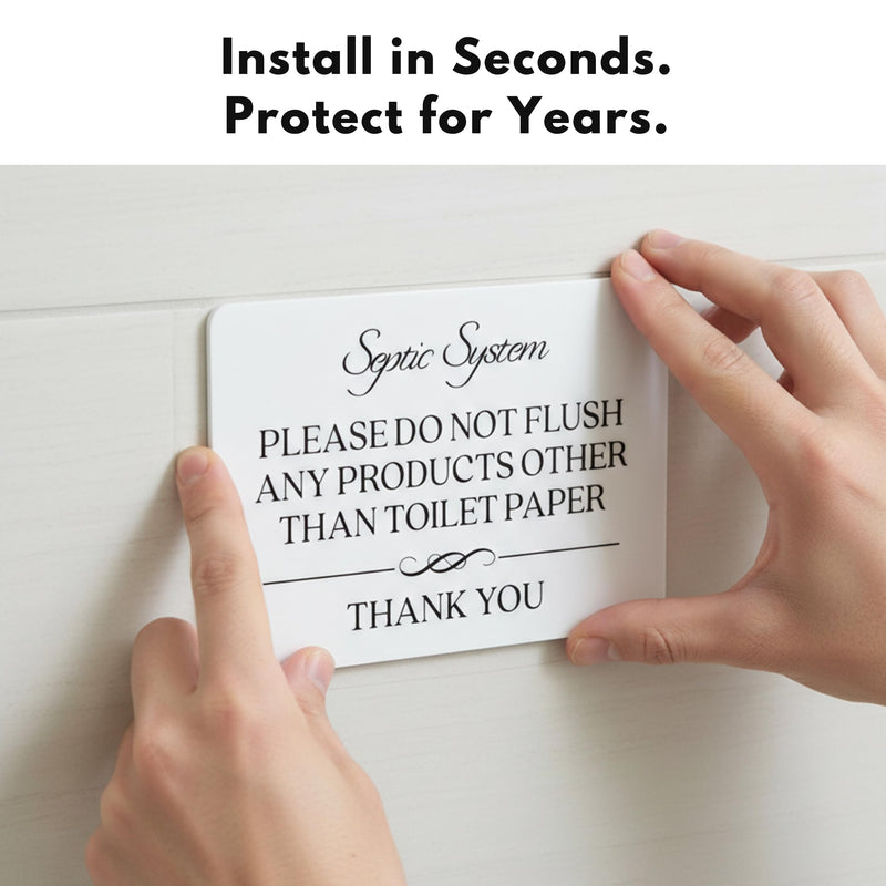 Septic System Do Not Flush Toilet Sign 2-Pack (White Acrylic 5 x 3.5 in) - Do Not Flush Anything Except Toilet Paper Sign - Bathroom Signs for Business - Airbnb and Restroom Signage White (Pack of 2)