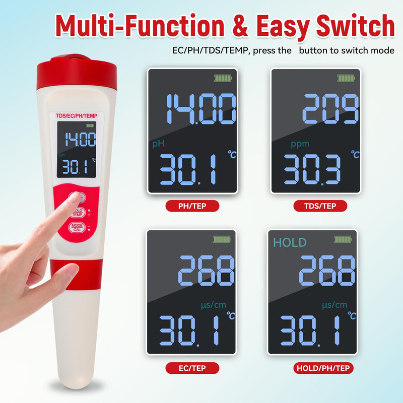 [Australia - AusPower] - Digital Pool Water PH Tester - Multifunctional 4 in 1 PH Meter for Water/TDS/EC/Thermometer, TDS EC Meter Digital Water Tester with LCD Display for Drinking Water Swimming Pools Aquariums Hydroponics 