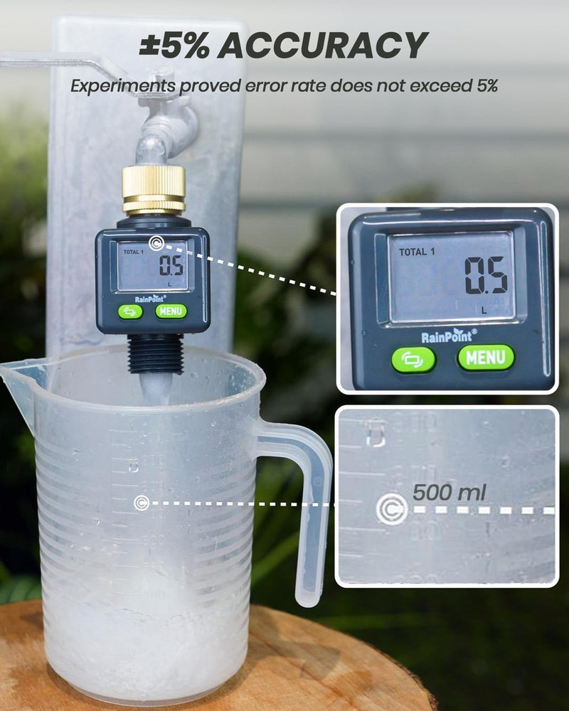[Australia - AusPower] - Rainpoint Water Flow Meter with Brass Inlet, 180°Screen-Flip Garden Hose Flow Meter, Measure up to 9999.9 Gallon/Liter Consumption & Flow Rate for RV, Garden Hose, Sprinkler & Nozzle Sprayer 