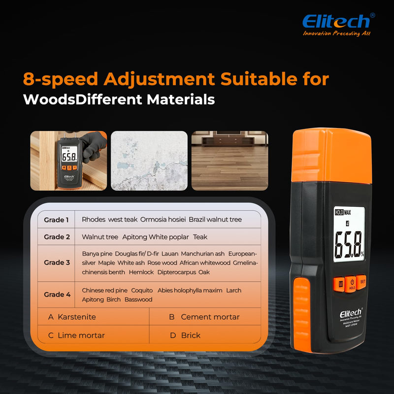 [Australia - AusPower] - Elitech Digital Moisture Meter Water Leak Detector with Pin Probes, Moisture Tester for Wood Floors Walls with 4 Wood & Material Modes, Hold Function, Max/Min Reading MOT-270W 