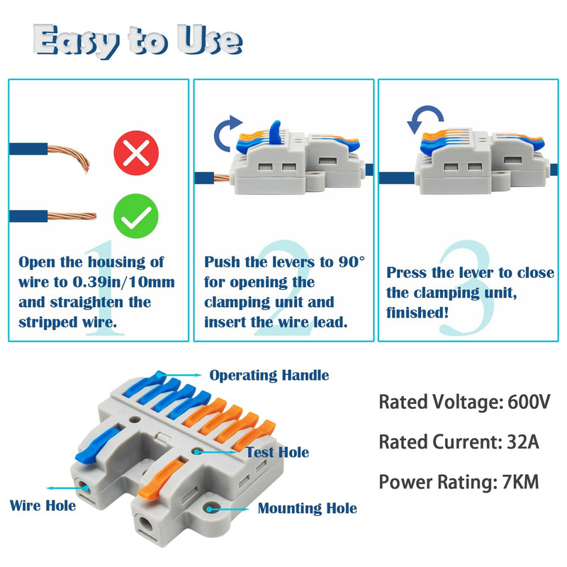 [Australia - AusPower] - 4PCS DIN Rail Terminal Blocks with 8PCS Removable Rail Clip Quick Wiring Cable Connectors Push-in Conductor Terminal Block (2 in 8 out) 2 IN 8 OUT 