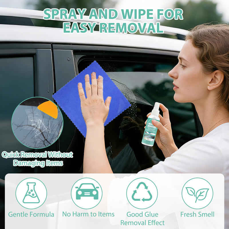 Adhesive residue remover spray, 120 ml, powerful label remover, adhesive remover, complete with scraper and cloth, effectively removes adhesive, labels and adhesive residue from glass, plastic and vehicles
