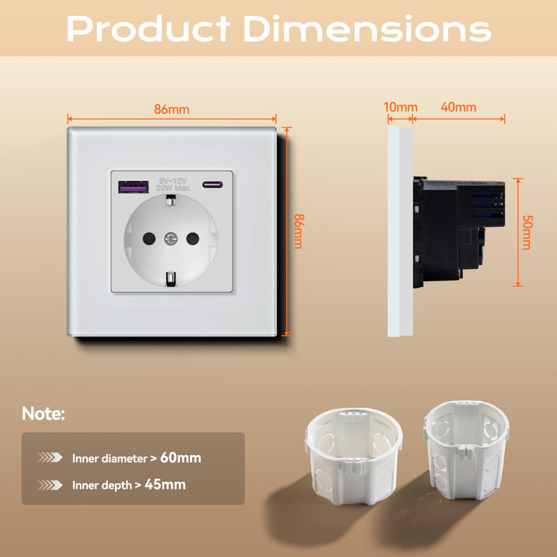 BSEED Glass Socket with 20 W USB C, Quick Charger Wall Socket, 3-in-1 Flush-Mounted Sockets, Easy Installation, 240 V 16 A, 86 mm, 1 Compartment, White 1-gang