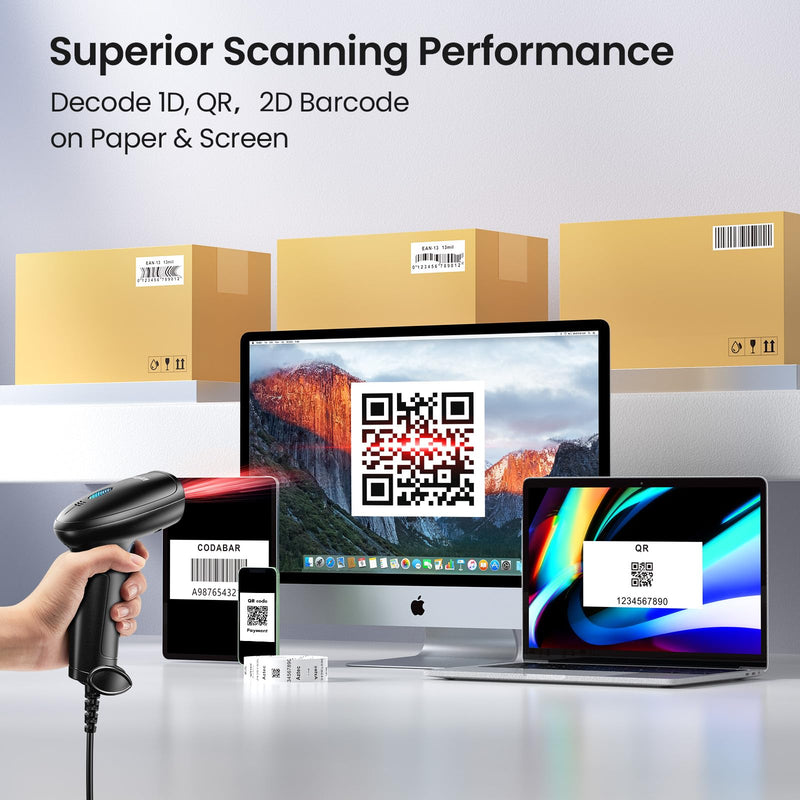 Barcode Scanner with Stand, USB Wired Inventory 2D 1D QR Code Scanner for Computer POS MAC with Automatic Screen Scanning, Handheld CMOS Image Bar Code Reader for Warehouse Library Supermarket Black