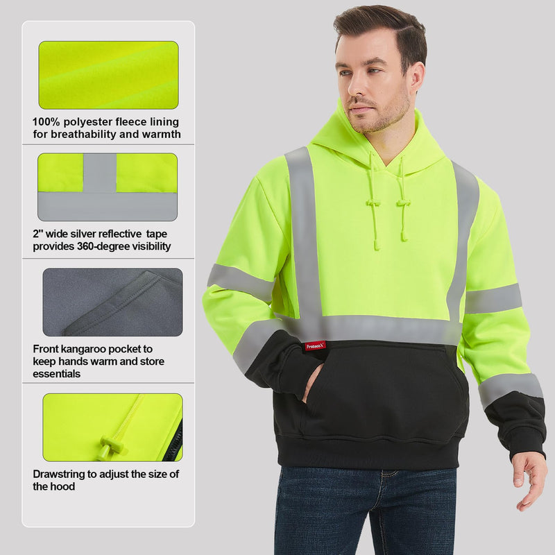 ProtectX Hi Vis Hoodie for Men Women High Visibility Safety Sweatshirt Reflective with Pockets for Construction Work Class 3 Large Neon Green - Pullover