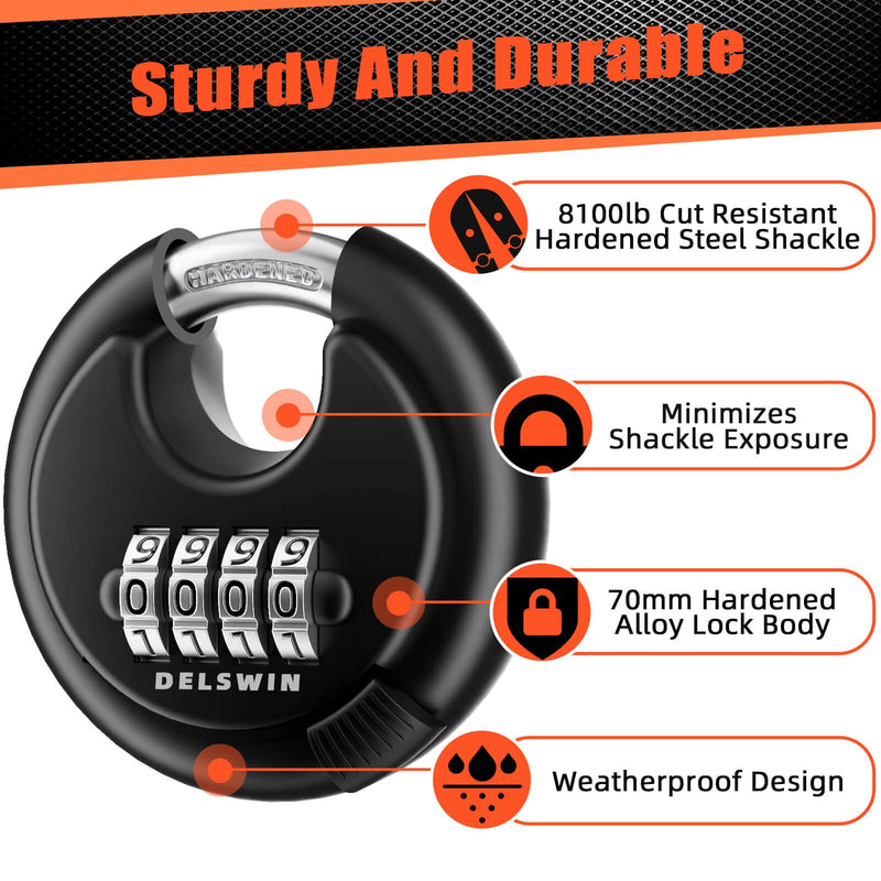 [Australia - AusPower] - DELSWIN 4-Digit Disc Combination Lock Outdoor - Heavy Duty Combination Padlocks with Hardened Steel Shackle Weatherproof Combo Locks for Gates,Sheds,Fence,Storage Unit (3/8" Shackle, Black,2 Pcs) Black 2Pcs 