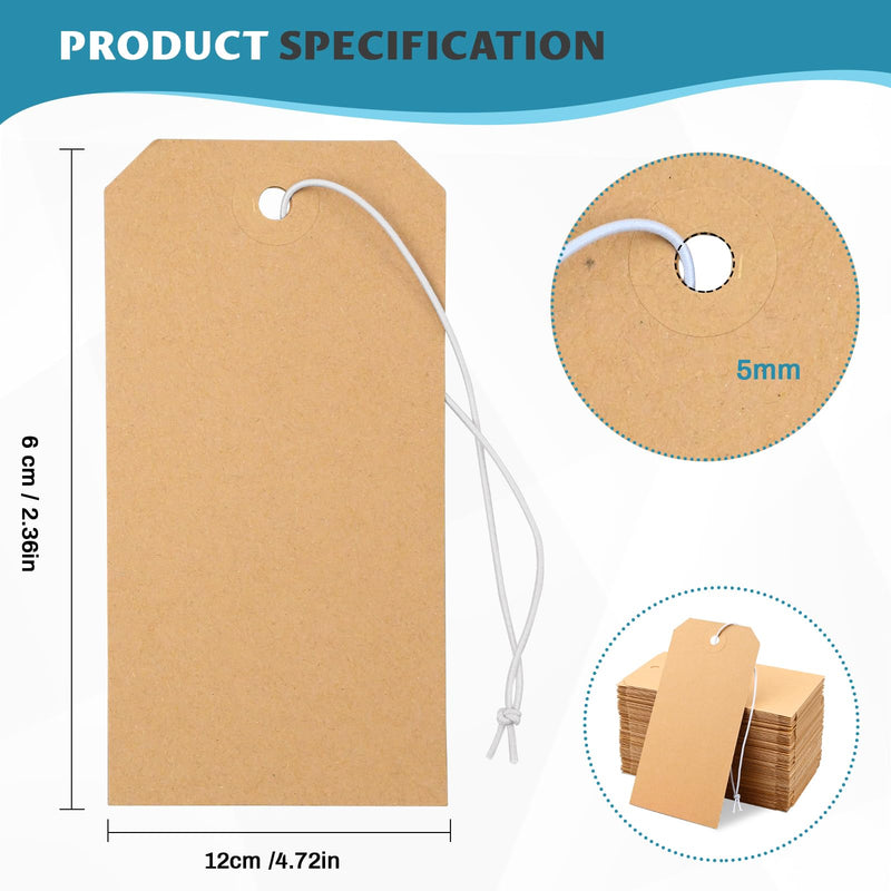 250 Pack Manila Shipping Tags with Elastic String Blank Labeling Tags with Strings Attached, 4 3/4" x 2 3/8" 250 Pack Kraft