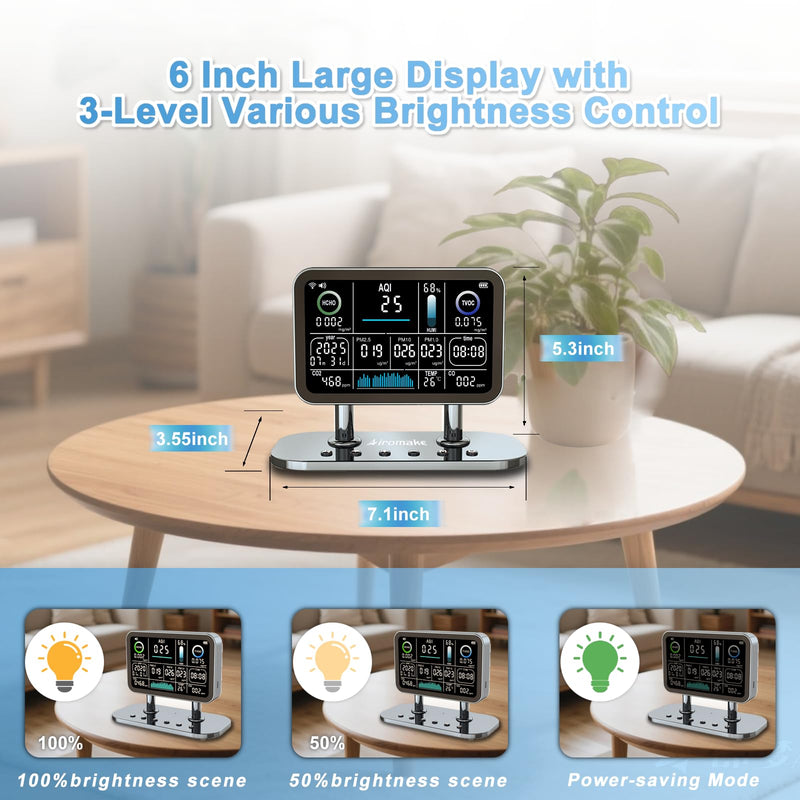 [Australia - AusPower] - Air Quality Monitor Indoor,16 in 1 Smart Air Quality Monitor 6" Indoor Air Quality Meter VOC, AQI, HCHO, CO, Alarm, PM1.0, Temp, HUMI&CO2 PM2.5 Monitor,Indoor Air Quality Test for Home WiFi Connect Grey 