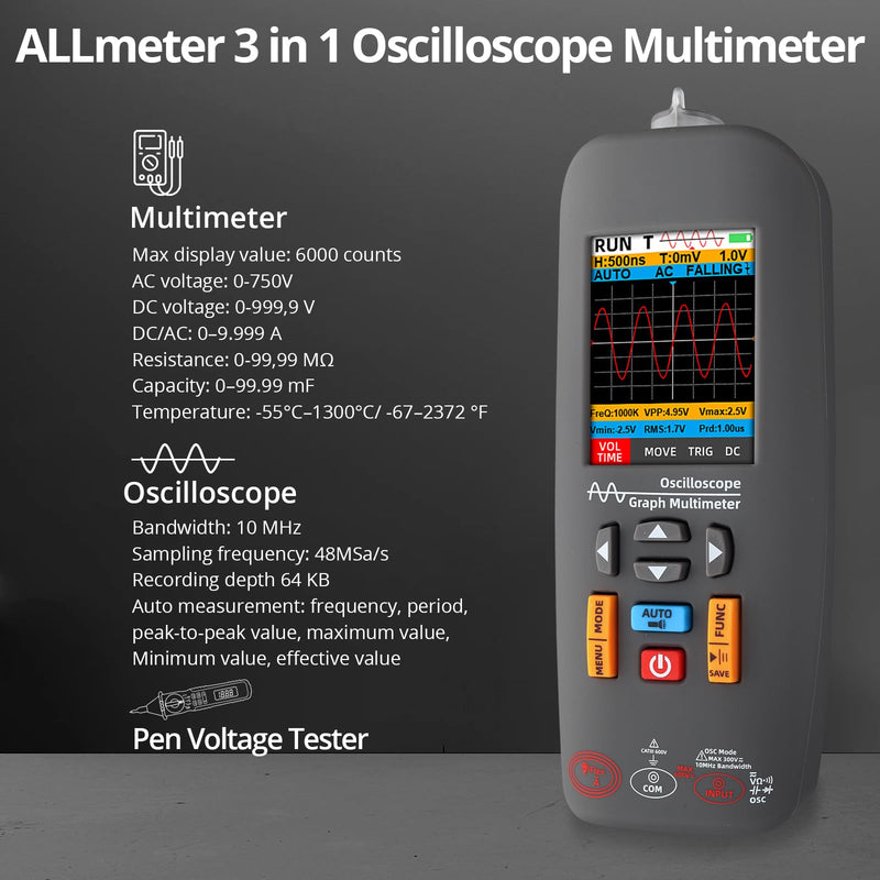 [Australia - AusPower] - Handheld Digital Oscilloscope Multimeter Voltage Tester 3-in-1,10MHz Bandwidth,48MSa/s Sampling Rate,Digital Multimeter with AC/DC Voltage,Current,Capacitance & Resistance Measurement 