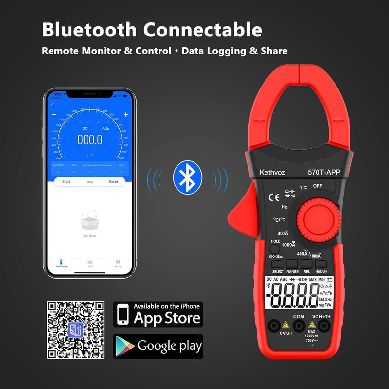 [Australia - AusPower] - 570T-APP Digital Clamp Meter, 4000 Counts Bluetooth Multimeter, 1000A AC/DC Amp Voltage Tester, Measures Ohms, Capacitance, Frequency, Temperature, Diode, Continuity Test with Data Logging 